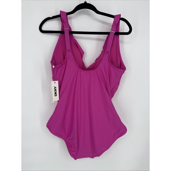 DKNY Size XXL Pink Ruffle Plunge Underwire Tummy-Control One-Piece Swimsuit New - Picture 3 of 6